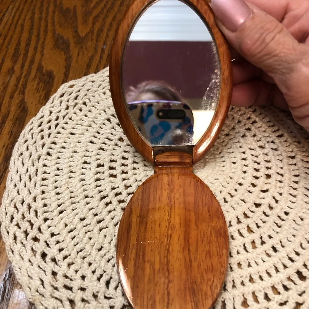 Vintage Wooden Mirror Compact Handmade